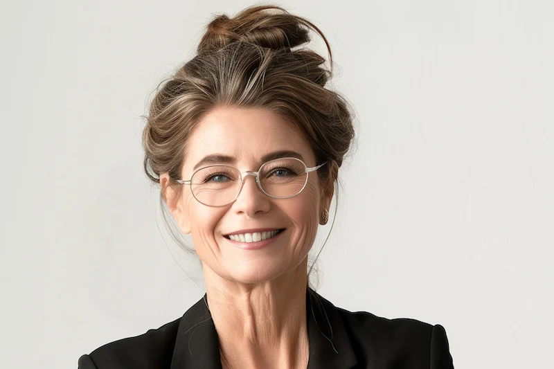 Une femme senior souriante avec des lunettes rondes et un chignon flou